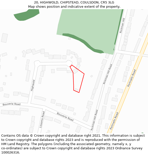 20, HIGHWOLD, CHIPSTEAD, COULSDON, CR5 3LG: Location map and indicative extent of plot