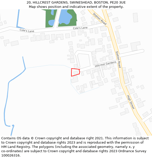 20, HILLCREST GARDENS, SWINESHEAD, BOSTON, PE20 3UE: Location map and indicative extent of plot