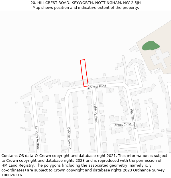 20, HILLCREST ROAD, KEYWORTH, NOTTINGHAM, NG12 5JH: Location map and indicative extent of plot