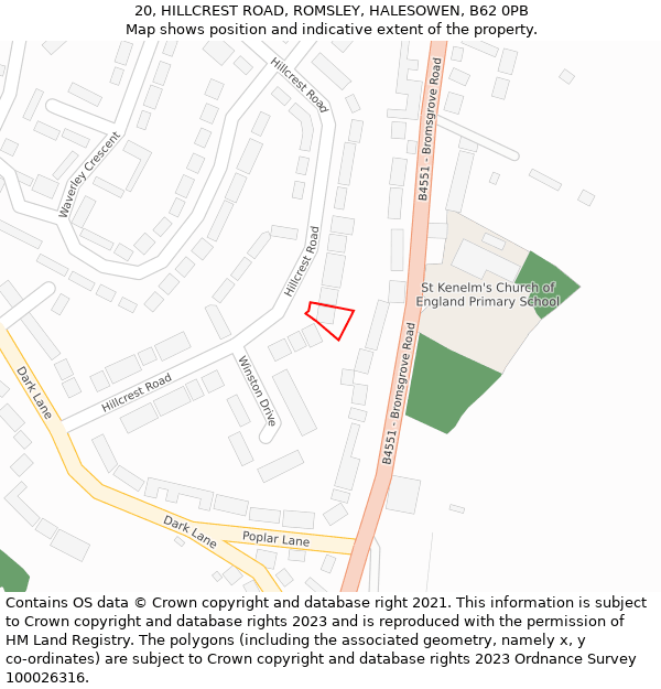 20, HILLCREST ROAD, ROMSLEY, HALESOWEN, B62 0PB: Location map and indicative extent of plot