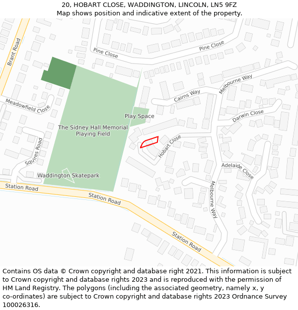 20, HOBART CLOSE, WADDINGTON, LINCOLN, LN5 9FZ: Location map and indicative extent of plot