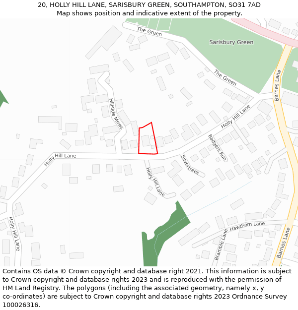 20, HOLLY HILL LANE, SARISBURY GREEN, SOUTHAMPTON, SO31 7AD: Location map and indicative extent of plot
