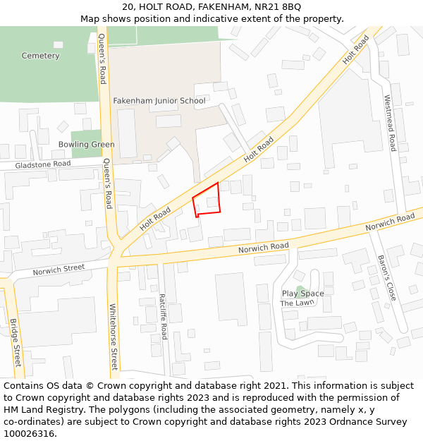 20, HOLT ROAD, FAKENHAM, NR21 8BQ: Location map and indicative extent of plot