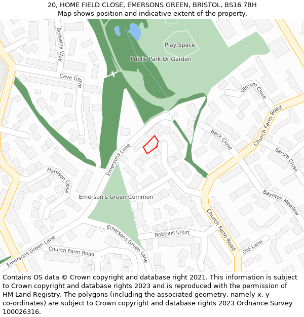 20, HOME FIELD CLOSE, EMERSONS GREEN, BRISTOL, BS16 7BH: Location map and indicative extent of plot