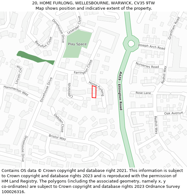 20, HOME FURLONG, WELLESBOURNE, WARWICK, CV35 9TW: Location map and indicative extent of plot