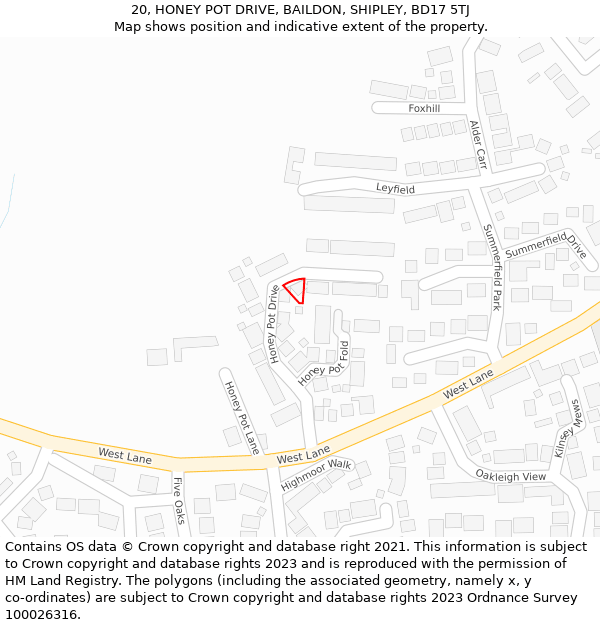 20, HONEY POT DRIVE, BAILDON, SHIPLEY, BD17 5TJ: Location map and indicative extent of plot