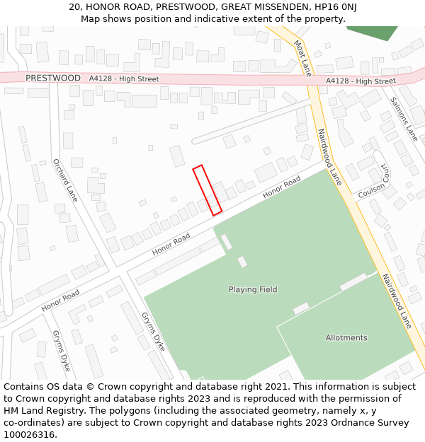 20, HONOR ROAD, PRESTWOOD, GREAT MISSENDEN, HP16 0NJ: Location map and indicative extent of plot