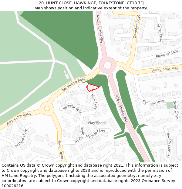 20, HUNT CLOSE, HAWKINGE, FOLKESTONE, CT18 7FJ: Location map and indicative extent of plot