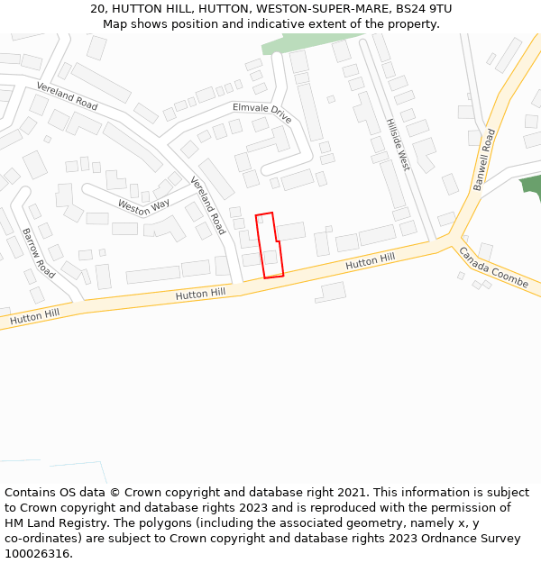 20, HUTTON HILL, HUTTON, WESTON-SUPER-MARE, BS24 9TU: Location map and indicative extent of plot