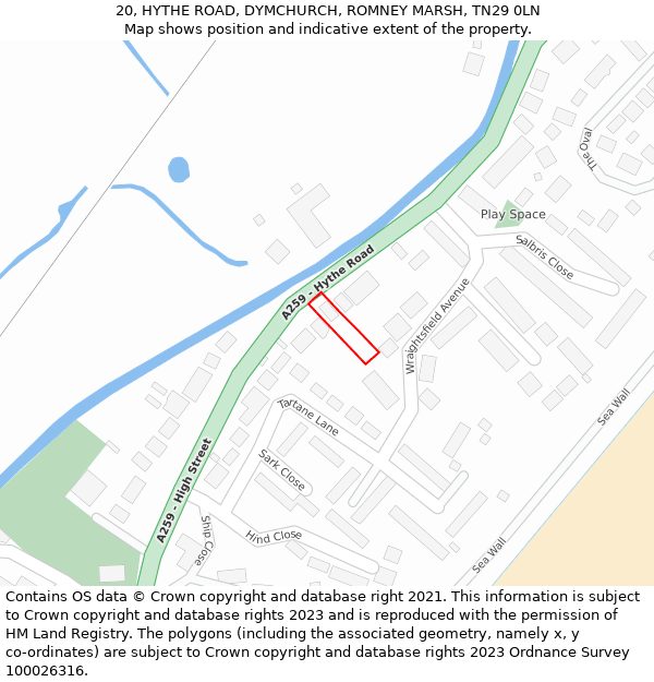 20, HYTHE ROAD, DYMCHURCH, ROMNEY MARSH, TN29 0LN: Location map and indicative extent of plot