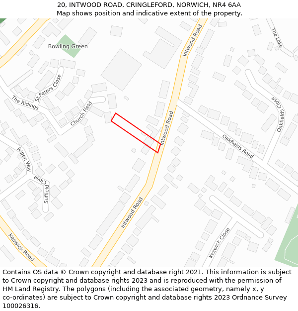 20, INTWOOD ROAD, CRINGLEFORD, NORWICH, NR4 6AA: Location map and indicative extent of plot