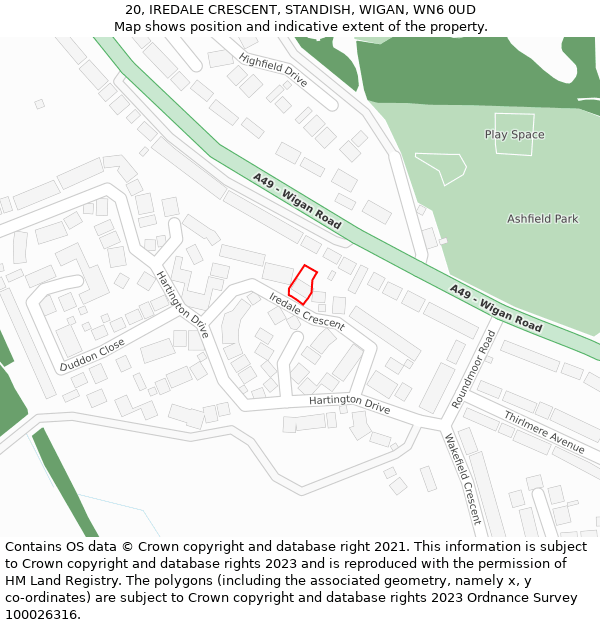 20, IREDALE CRESCENT, STANDISH, WIGAN, WN6 0UD: Location map and indicative extent of plot