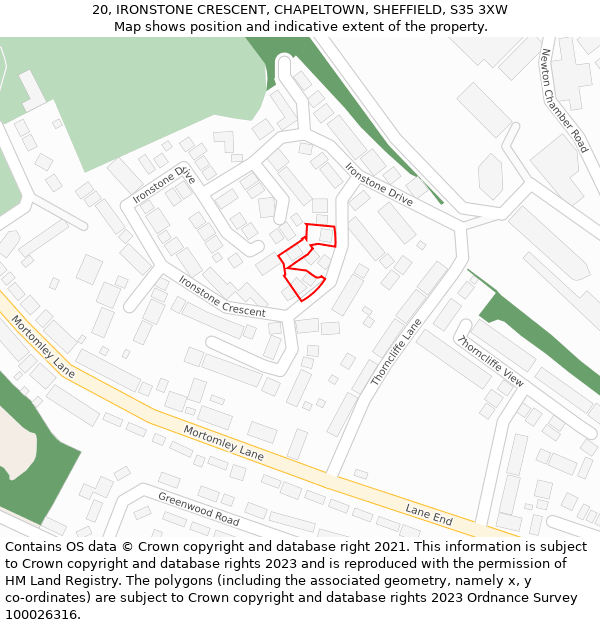 20, IRONSTONE CRESCENT, CHAPELTOWN, SHEFFIELD, S35 3XW: Location map and indicative extent of plot