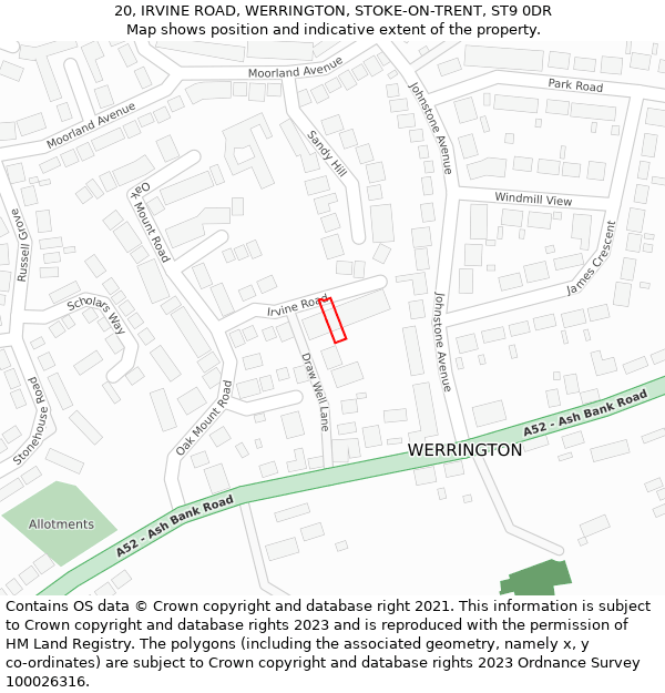 20, IRVINE ROAD, WERRINGTON, STOKE-ON-TRENT, ST9 0DR: Location map and indicative extent of plot