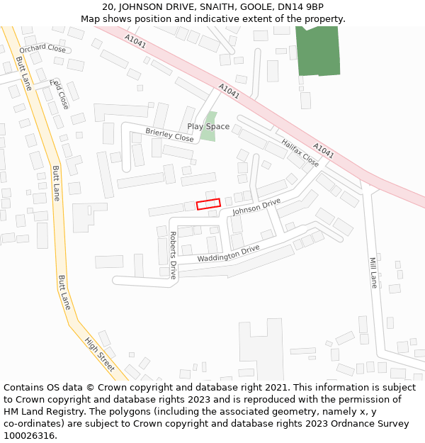 20, JOHNSON DRIVE, SNAITH, GOOLE, DN14 9BP: Location map and indicative extent of plot