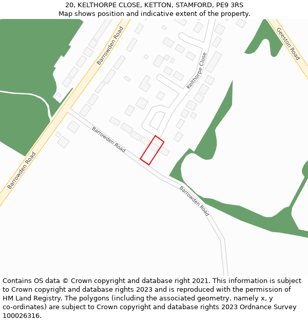 20, KELTHORPE CLOSE, KETTON, STAMFORD, PE9 3RS: Location map and indicative extent of plot