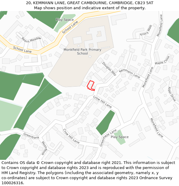 20, KEMMANN LANE, GREAT CAMBOURNE, CAMBRIDGE, CB23 5AT: Location map and indicative extent of plot