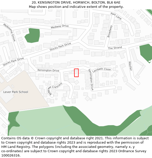 20, KENSINGTON DRIVE, HORWICH, BOLTON, BL6 6AE: Location map and indicative extent of plot