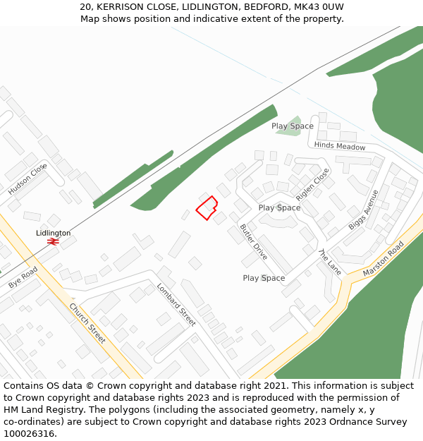 20, KERRISON CLOSE, LIDLINGTON, BEDFORD, MK43 0UW: Location map and indicative extent of plot