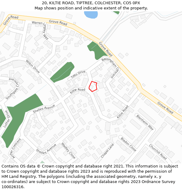 20, KILTIE ROAD, TIPTREE, COLCHESTER, CO5 0PX: Location map and indicative extent of plot