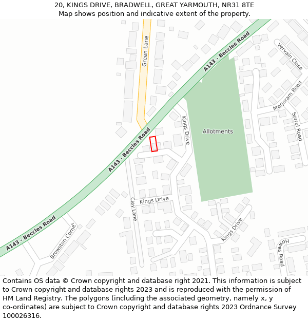 20, KINGS DRIVE, BRADWELL, GREAT YARMOUTH, NR31 8TE: Location map and indicative extent of plot