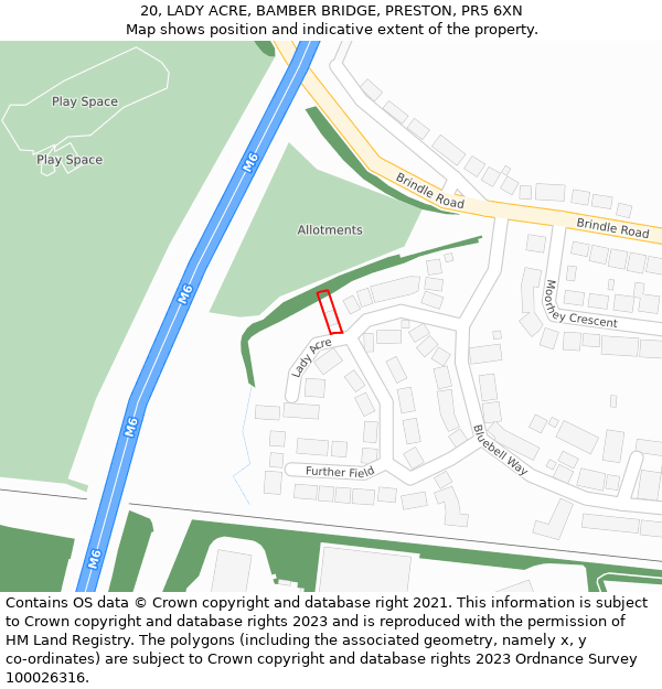 20, LADY ACRE, BAMBER BRIDGE, PRESTON, PR5 6XN: Location map and indicative extent of plot