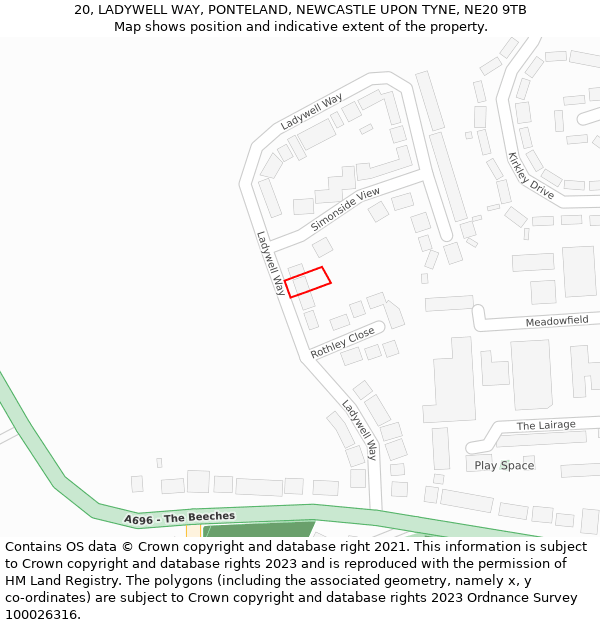 20, LADYWELL WAY, PONTELAND, NEWCASTLE UPON TYNE, NE20 9TB: Location map and indicative extent of plot