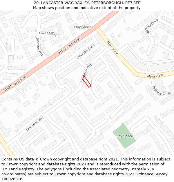 20, LANCASTER WAY, YAXLEY, PETERBOROUGH, PE7 3EP: Location map and indicative extent of plot