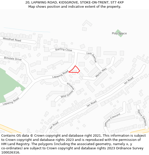 20, LAPWING ROAD, KIDSGROVE, STOKE-ON-TRENT, ST7 4XP: Location map and indicative extent of plot