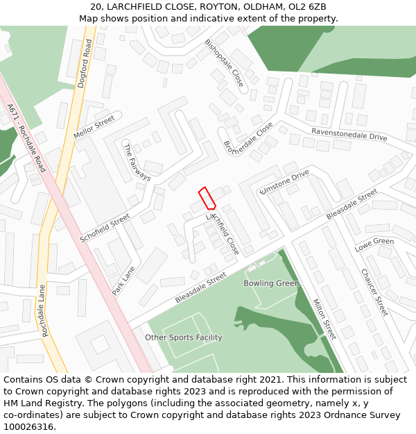 20, LARCHFIELD CLOSE, ROYTON, OLDHAM, OL2 6ZB: Location map and indicative extent of plot