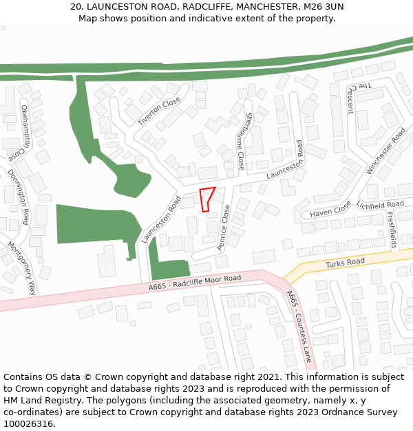 20, LAUNCESTON ROAD, RADCLIFFE, MANCHESTER, M26 3UN: Location map and indicative extent of plot