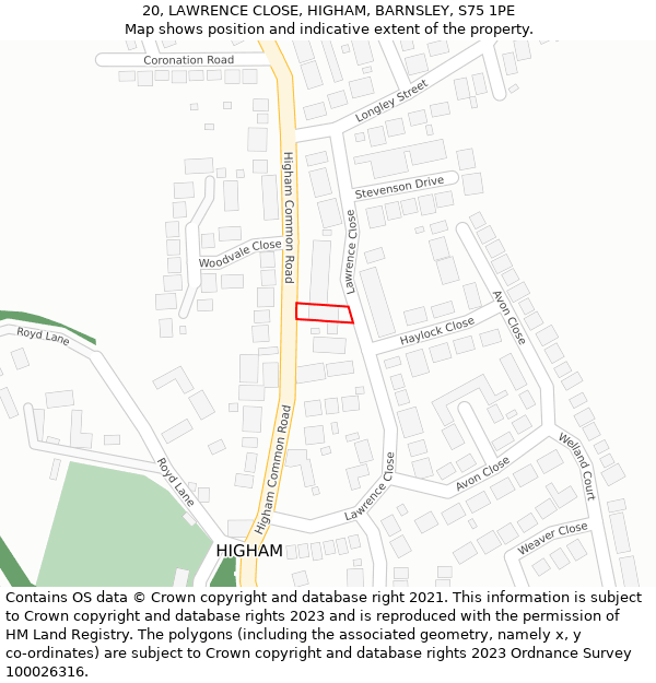 20, LAWRENCE CLOSE, HIGHAM, BARNSLEY, S75 1PE: Location map and indicative extent of plot