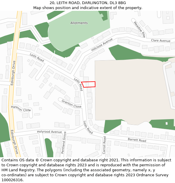 20, LEITH ROAD, DARLINGTON, DL3 8BG: Location map and indicative extent of plot