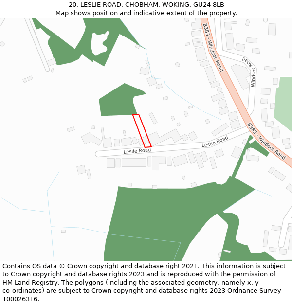 20, LESLIE ROAD, CHOBHAM, WOKING, GU24 8LB: Location map and indicative extent of plot