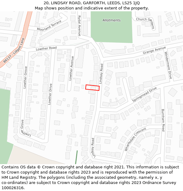 20, LINDSAY ROAD, GARFORTH, LEEDS, LS25 1JQ: Location map and indicative extent of plot