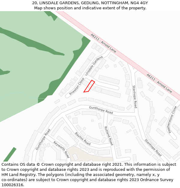 20, LINSDALE GARDENS, GEDLING, NOTTINGHAM, NG4 4GY: Location map and indicative extent of plot