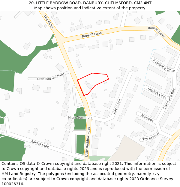 20, LITTLE BADDOW ROAD, DANBURY, CHELMSFORD, CM3 4NT: Location map and indicative extent of plot