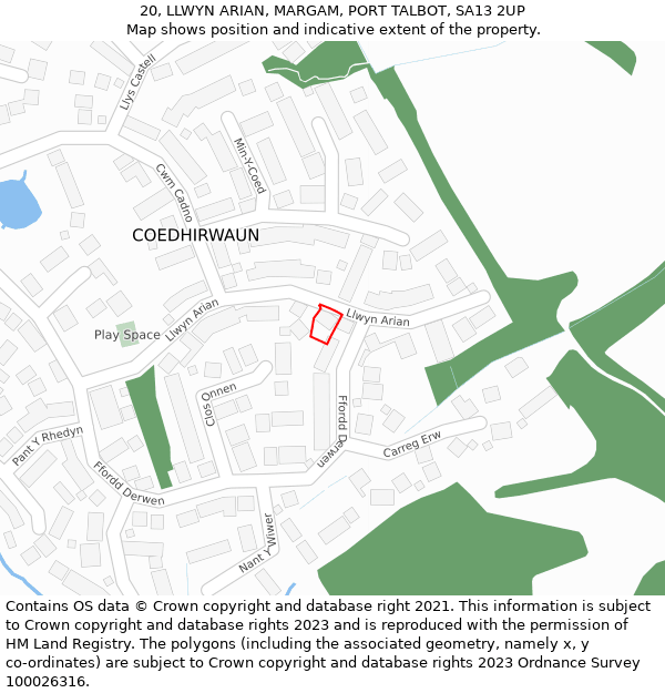 20, LLWYN ARIAN, MARGAM, PORT TALBOT, SA13 2UP: Location map and indicative extent of plot