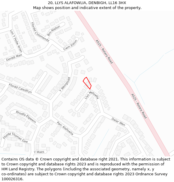 20, LLYS ALAFOWLIA, DENBIGH, LL16 3HX: Location map and indicative extent of plot