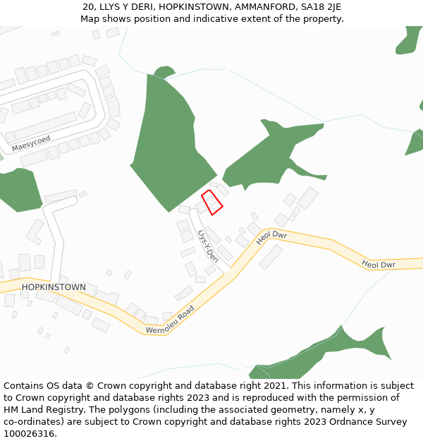 20, LLYS Y DERI, HOPKINSTOWN, AMMANFORD, SA18 2JE: Location map and indicative extent of plot