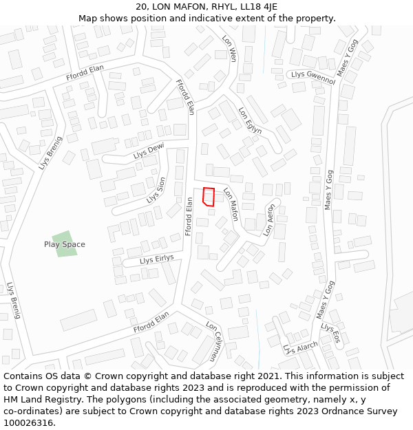 20, LON MAFON, RHYL, LL18 4JE: Location map and indicative extent of plot