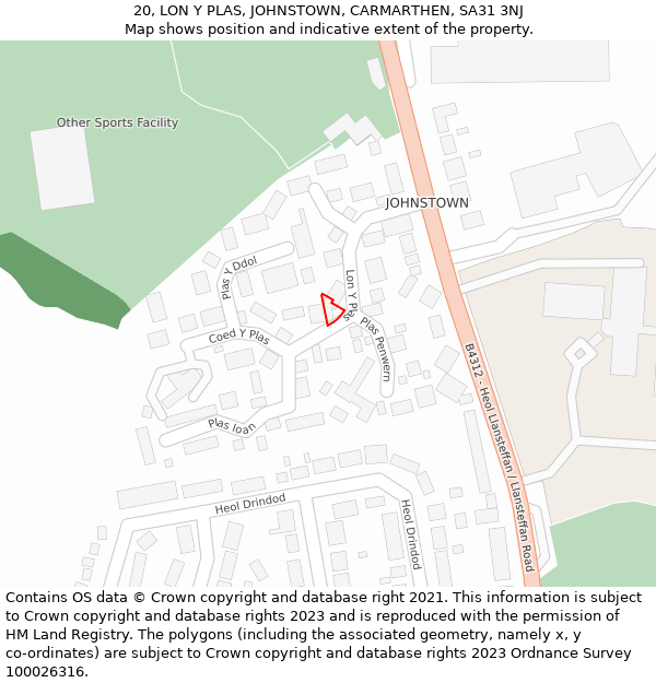 20, LON Y PLAS, JOHNSTOWN, CARMARTHEN, SA31 3NJ: Location map and indicative extent of plot