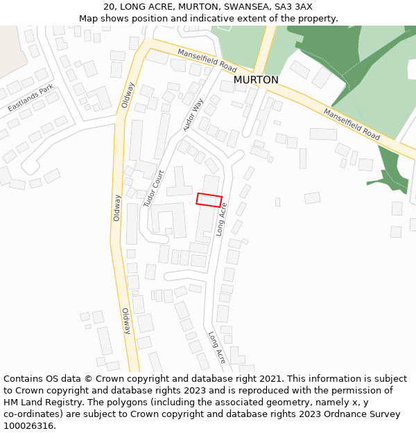 20, LONG ACRE, MURTON, SWANSEA, SA3 3AX: Location map and indicative extent of plot