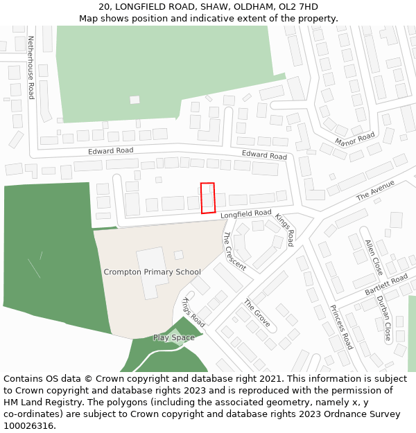20, LONGFIELD ROAD, SHAW, OLDHAM, OL2 7HD: Location map and indicative extent of plot