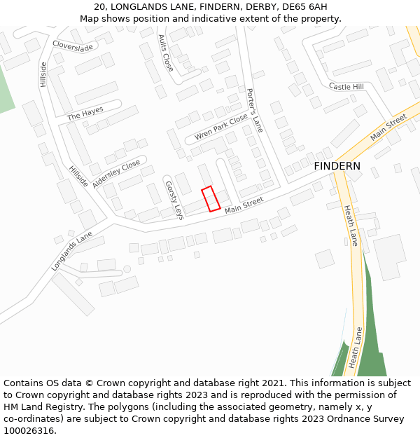 20, LONGLANDS LANE, FINDERN, DERBY, DE65 6AH: Location map and indicative extent of plot