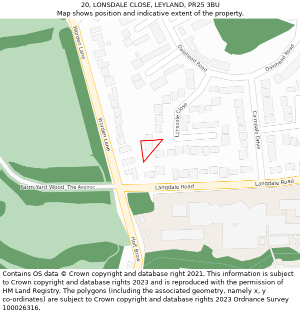 20, LONSDALE CLOSE, LEYLAND, PR25 3BU: Location map and indicative extent of plot