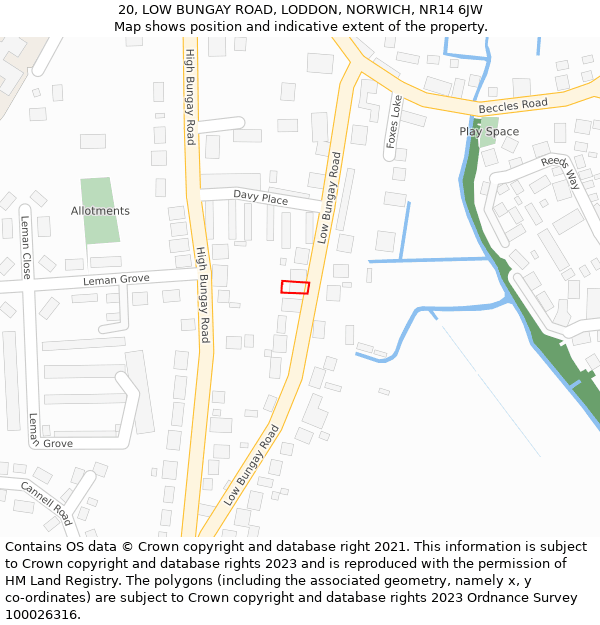 20, LOW BUNGAY ROAD, LODDON, NORWICH, NR14 6JW: Location map and indicative extent of plot