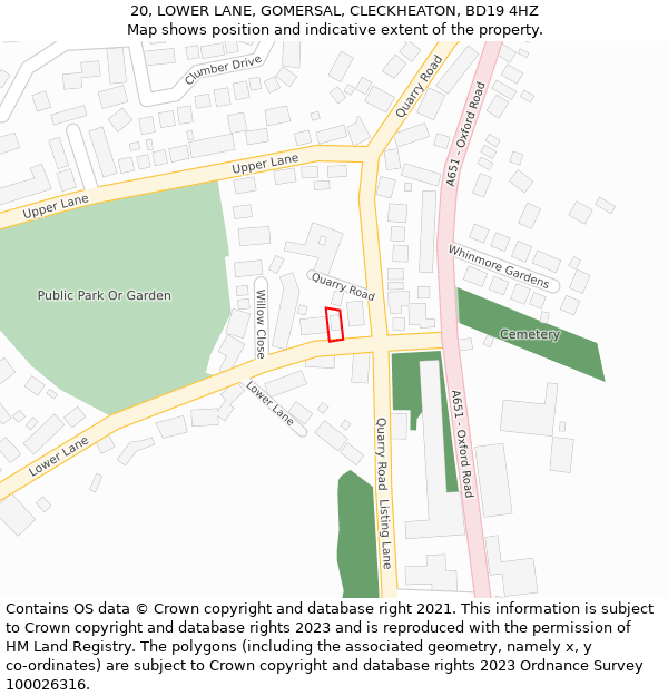 20, LOWER LANE, GOMERSAL, CLECKHEATON, BD19 4HZ: Location map and indicative extent of plot
