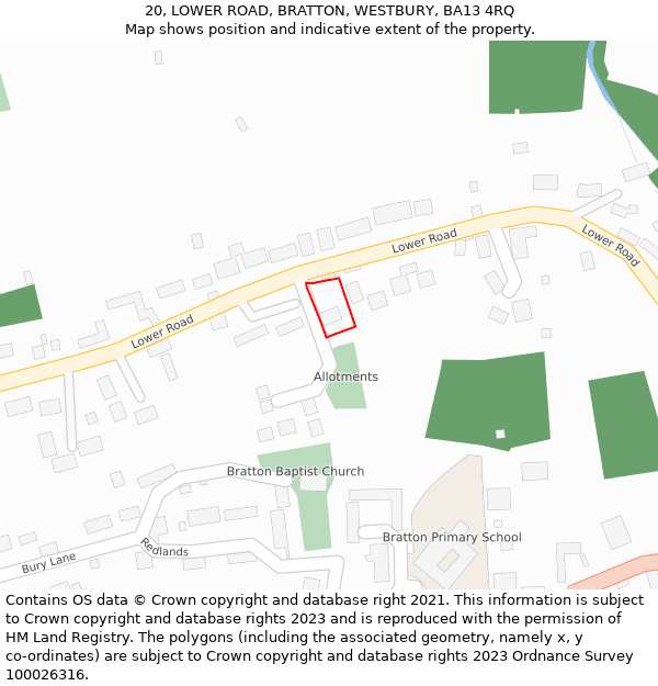 20, LOWER ROAD, BRATTON, WESTBURY, BA13 4RQ: Location map and indicative extent of plot