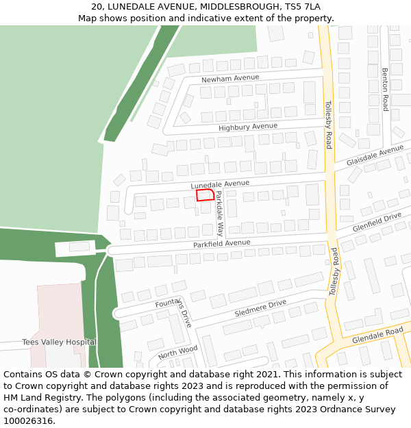 20, LUNEDALE AVENUE, MIDDLESBROUGH, TS5 7LA: Location map and indicative extent of plot